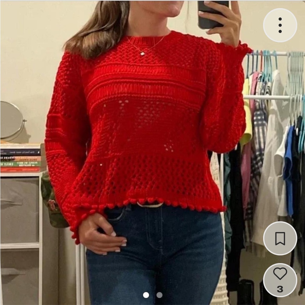 Zara Red Crew Neck Sweater with Textured Knit